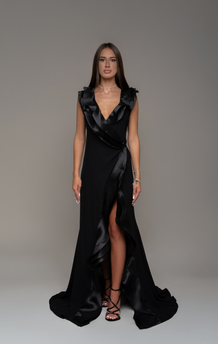 Rochie de seara lunga din organza cu crapatura si volane din organza pe bretele [1]