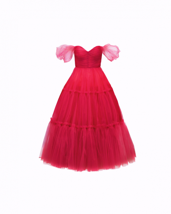 Rochie fucsia midi din tul fin, cu bretelute cazute pe umeri [1]