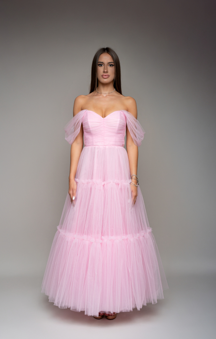 Rochie midi din tul fin cu bretelute cazute pe umeri [1]