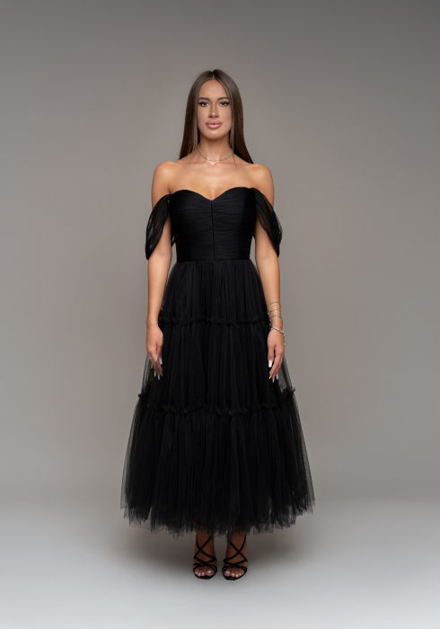 Rochie midi din tull fin cu bretelute, Neagra [1]