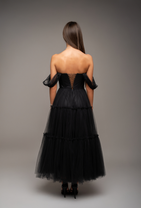 Rochie midi din tull fin cu bretelute, Neagra [2]