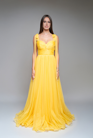 Rochii din tulle - Rochie de seara lunga din tul fin cu corset si bretele lungi