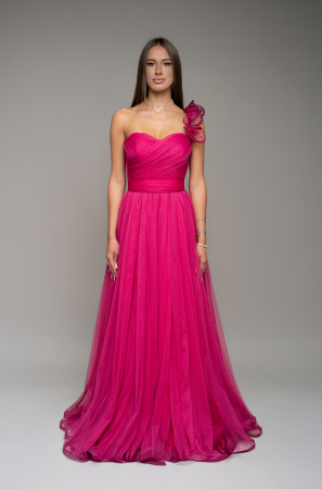 ROCHII - Produse / Rochie de seară lunga din tul fin cu detaliu pe umăr