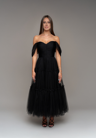 ROCHII - Rochie midi din tull fin cu bretelute, Neagra