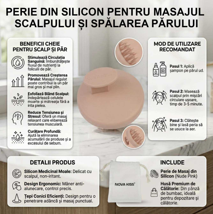 Perie din Silicon pentru Scalp NOVA KISS® - Stimuleaza Cresterea Parului si Absorbtia Uleiurilor Esentiale [11]