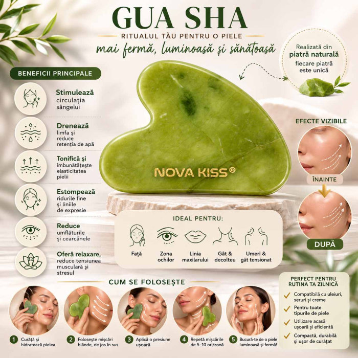 Gua Sha Piatra din Jad Natural NOVA KISS® pentru Masaj Facial, Efect Antirid, Piatra Jad Verde [9]