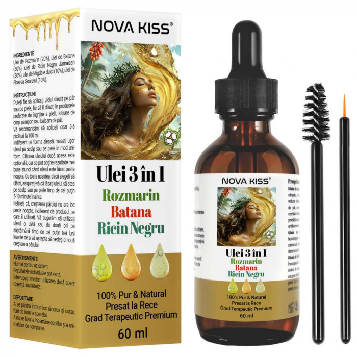 ULEI PREMIUM 3 IN 1 CU ROZMARIN, BATANA, RICIN NEGRU JAMAICAN NOVA KISS®, 100% NATURAL & PUR, PENTRU CRESTEREA PARULUI SI INGRIJIREA PIELII, 60 ML [1]