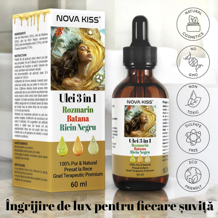 ULEI PREMIUM 3 IN 1 CU ROZMARIN, BATANA, RICIN NEGRU JAMAICAN NOVA KISS®, 100% NATURAL & PUR, PENTRU CRESTEREA PARULUI SI INGRIJIREA PIELII, 60 ML [9]
