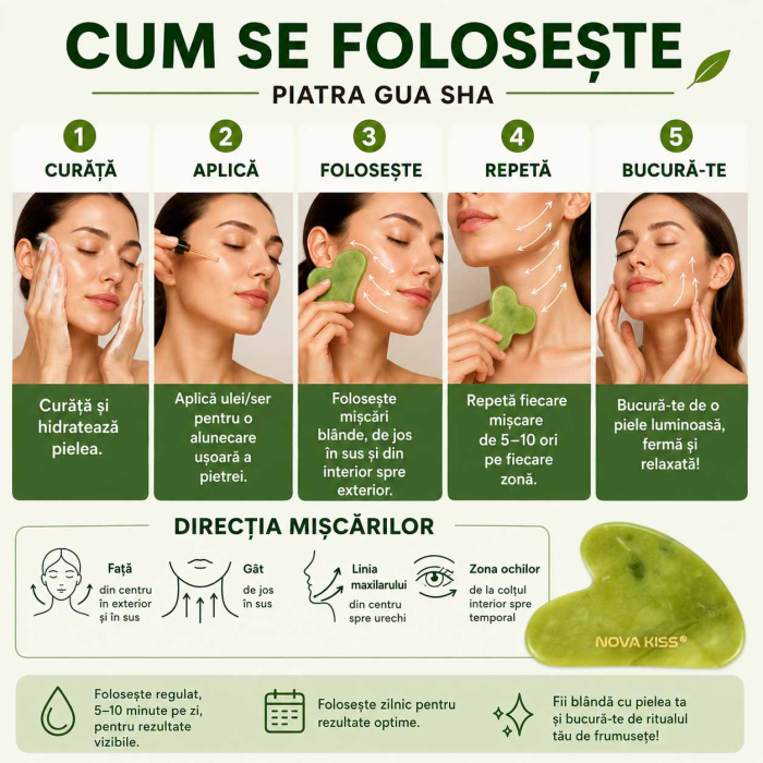 Gua Sha Piatra din Jad Natural NOVA KISS® pentru Masaj Facial, Efect Antirid, Piatra Jad Verde [4]
