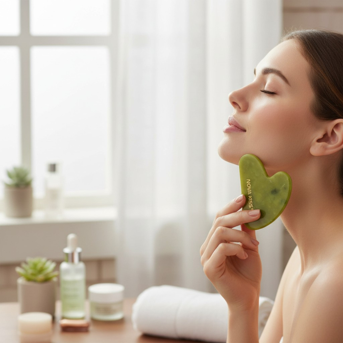 Gua Sha Piatra din Jad Natural NOVA KISS® pentru Masaj Facial, Efect Antirid, Piatra Jad Verde [13]