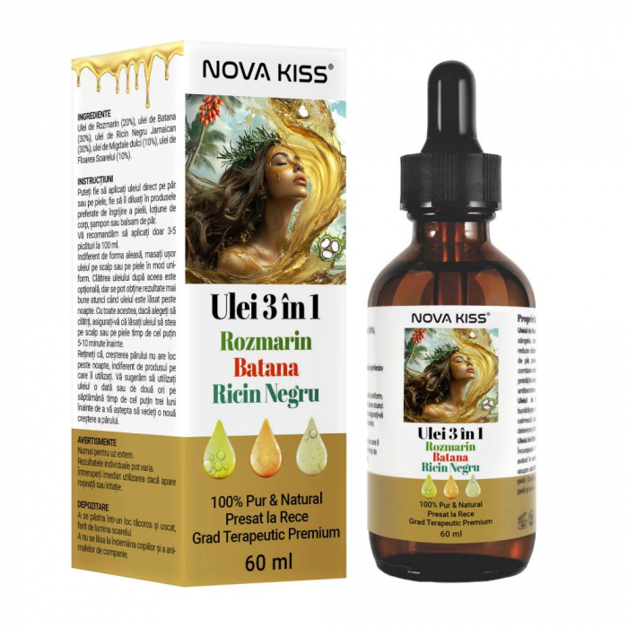 ULEI PREMIUM 3 IN 1 CU ROZMARIN, BATANA, RICIN NEGRU JAMAICAN NOVA KISS®, 100% NATURAL & PUR, PENTRU CRESTEREA PARULUI SI INGRIJIREA PIELII, 60 ML [7]