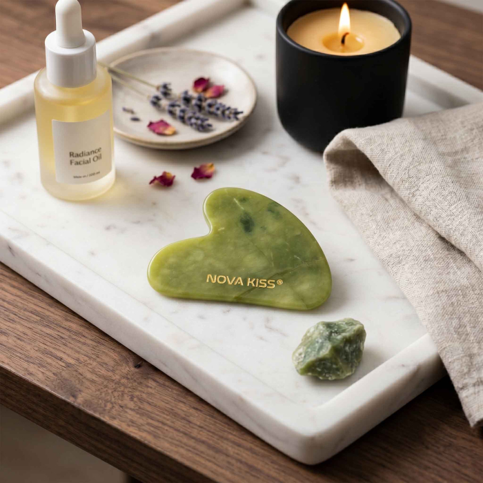 Gua Sha Piatra din Jad Natural NOVA KISS® pentru Masaj Facial, Efect Antirid, Piatra Jad Verde [14]