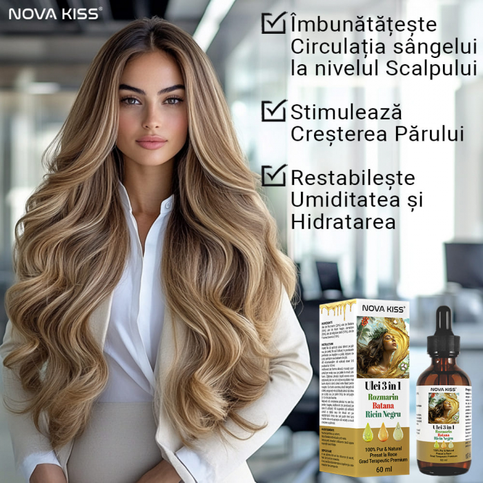 ULEI PREMIUM 3 IN 1 CU ROZMARIN, BATANA, RICIN NEGRU JAMAICAN NOVA KISS®, 100% NATURAL & PUR, PENTRU CRESTEREA PARULUI SI INGRIJIREA PIELII, 60 ML [5]