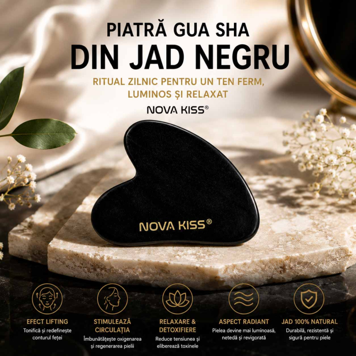 Gua Sha Piatra din Jad Natural NOVA KISS® pentru Masaj Facial, Efect Antirid, Piatra Jad Negru [3]