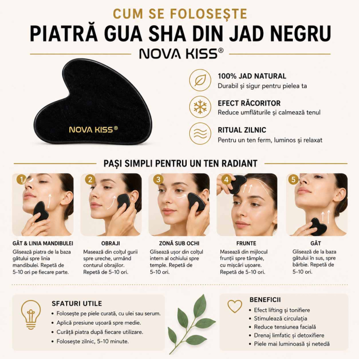 Gua Sha Piatra din Jad Natural NOVA KISS® pentru Masaj Facial, Efect Antirid, Piatra Jad Negru [2]