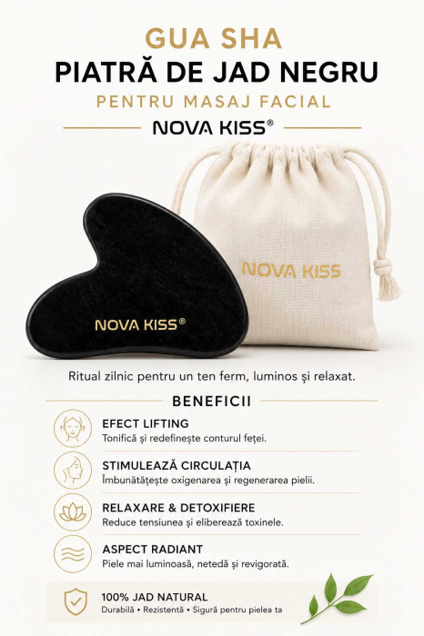 Gua Sha Piatra din Jad Natural NOVA KISS® pentru Masaj Facial, Efect Antirid, Piatra Jad Negru [10]