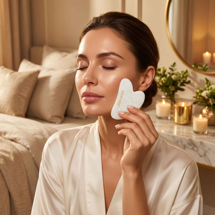 Gua Sha Piatra din Jad Natural NOVA KISS® pentru Masaj Facial, Efect Antirid, Piatra Jad Alb [5]