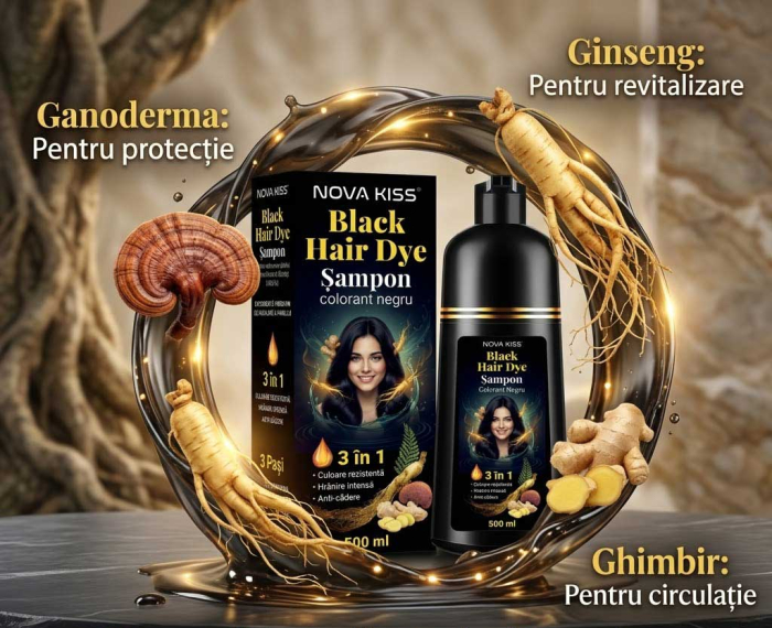Sampon Colorant Negru NOVA KISS® 3 in 1, Acoperire Fire Albe, Unisex, cu Ghimbir si Ginseng, 500 ml [3]