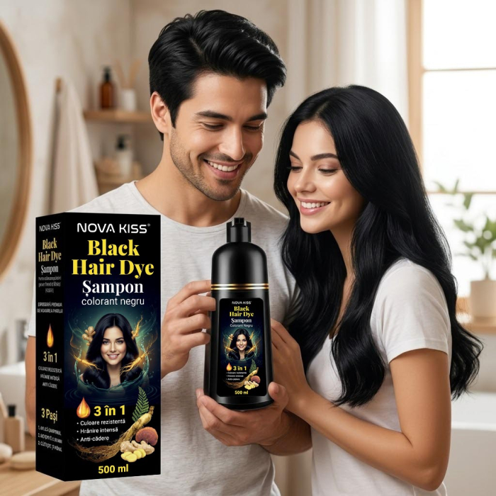 Sampon Colorant Negru NOVA KISS® 3 in 1, Acoperire Fire Albe, Unisex, cu Ghimbir si Ginseng, 500 ml [2]