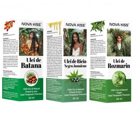 PAR - SET 3 ULEIURI ESENTIALE PREMIUM BATANA, RICIN, ROZMARIN NOVA KISS® PENTRU CRESTEREA PARULUI SI INGRIJIREA TENULUI
