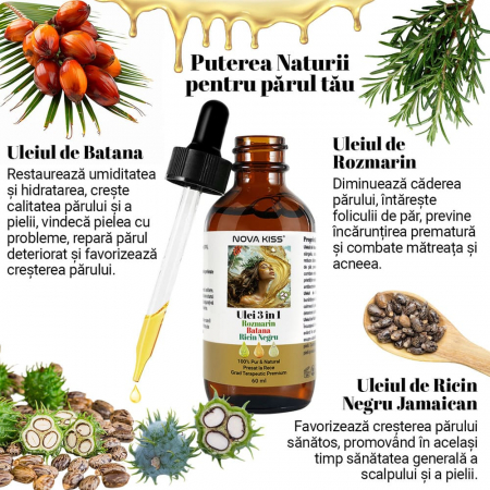 ULEI PREMIUM 3 IN 1 CU ROZMARIN, BATANA, RICIN NEGRU JAMAICAN NOVA KISS®, 100% NATURAL & PUR, PENTRU CRESTEREA PARULUI SI INGRIJIREA PIELII, 60 ML [1]