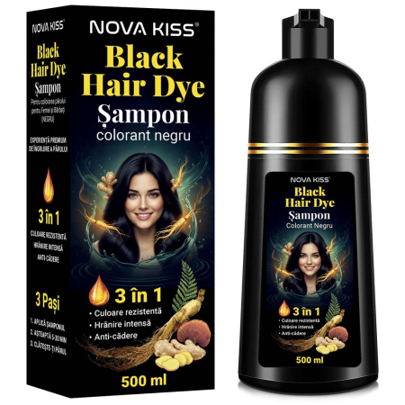 PAR - Sampon Colorant Negru NOVA KISS® 3 in 1, Acoperire Fire Albe, Unisex, cu Ghimbir si Ginseng, 500 ml