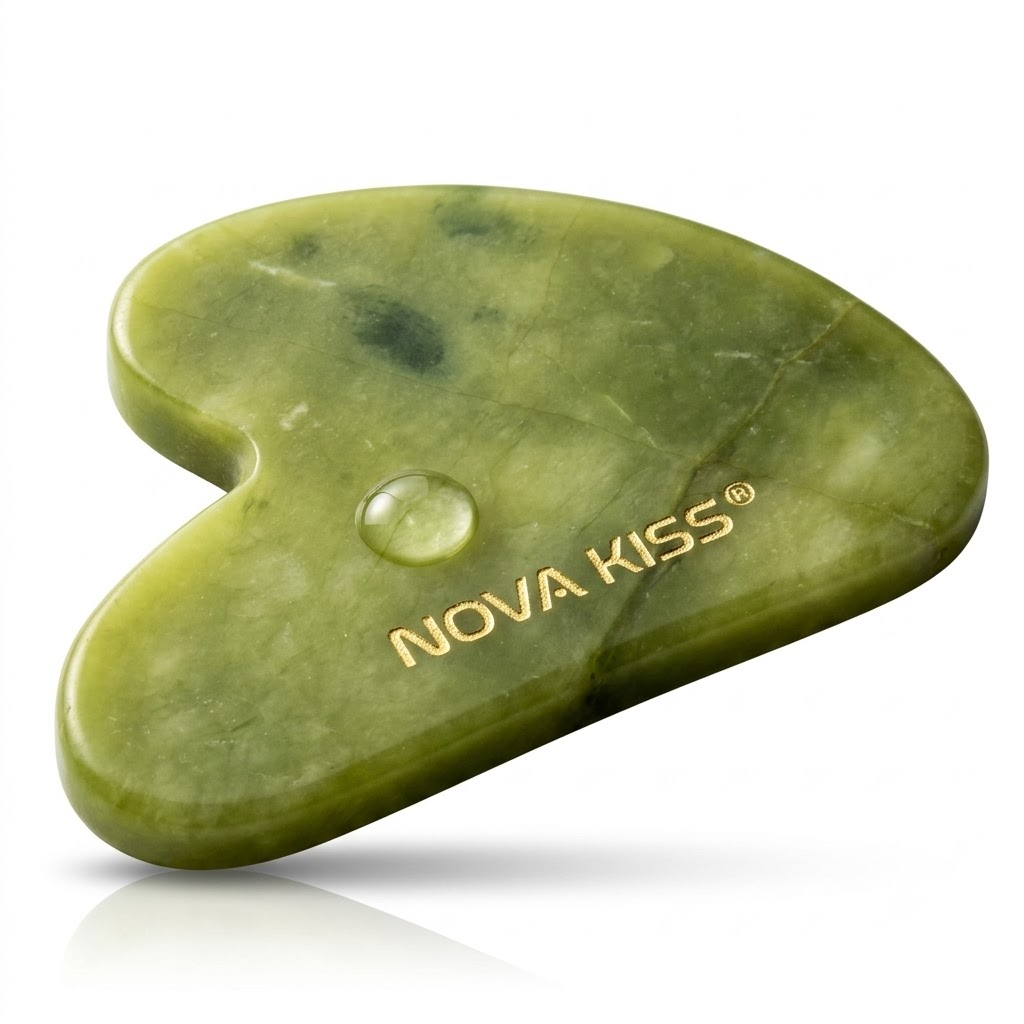 Gua Sha Piatra din Jad Natural NOVA KISS  pentru Masaj Facial, Efect Antirid, Piatra Jad Verde