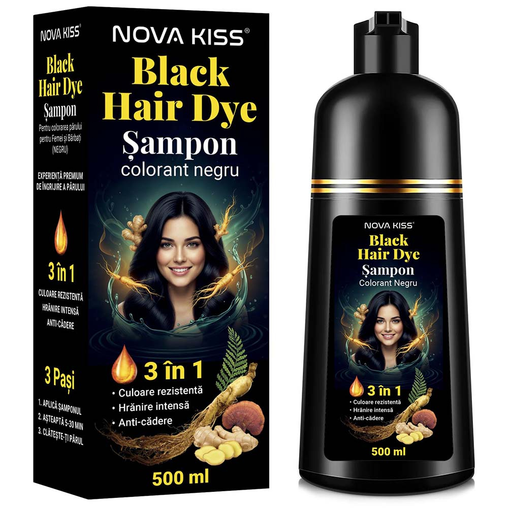 Sampon Colorant Negru NOVA KISS  3 in 1, Acoperire Fire Albe, Unisex, cu Ghimbir si Ginseng, 500 ml