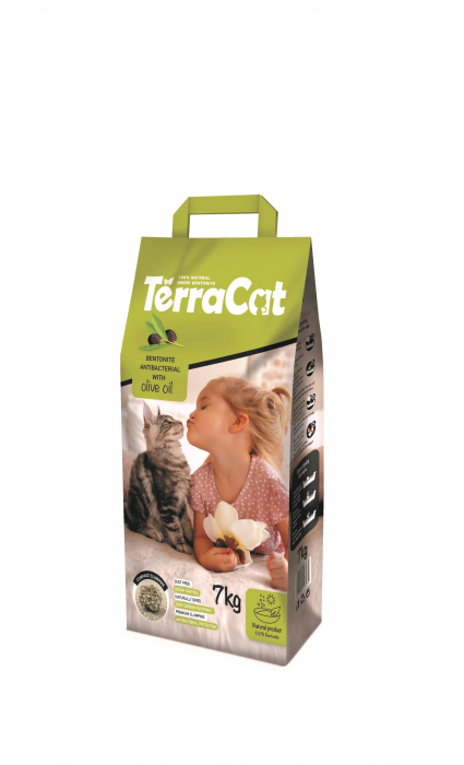 Asternut igienic pentru pisici, Terra Cat, Bentonita, Antibacterian, cu ulei de masline