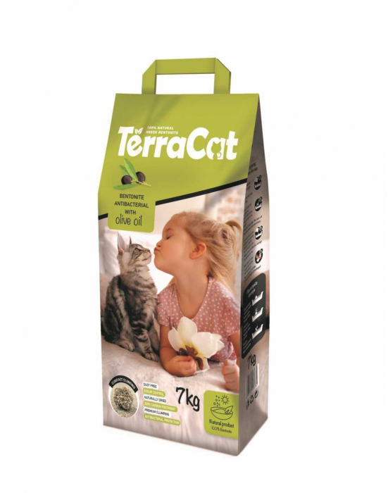 Asternut igienic pentru pisici Terra Cat, Bentonita, Antibacterian, Ulei de masline, 7kg