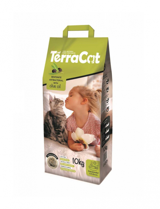 Asternut igienic pentru pisici Terra Cat, Bentonita, Antibacterian, Ulei de masline, 10kg