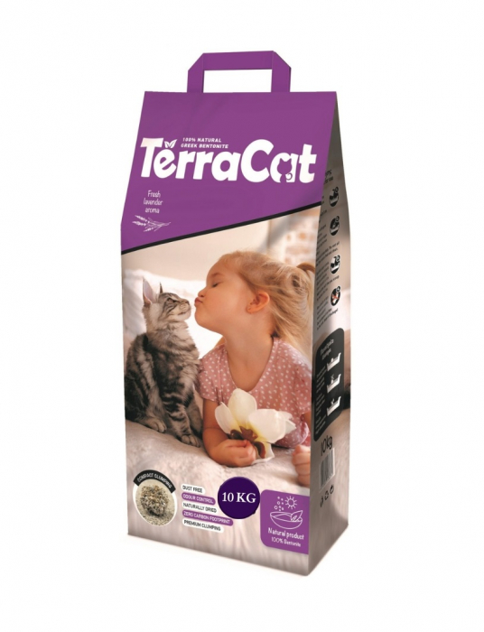 Asternut igienic pentru pisici Terra Cat, Bentonita, Lavanda, 10kg