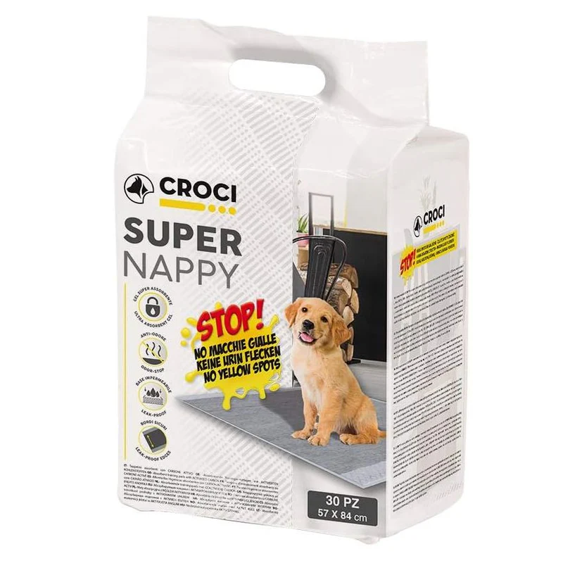 Covorase absorbante pentru caini Croci Super Nappy, No Yellow Spot, Carbon activ, 84 x 57 cm, 30 bucati