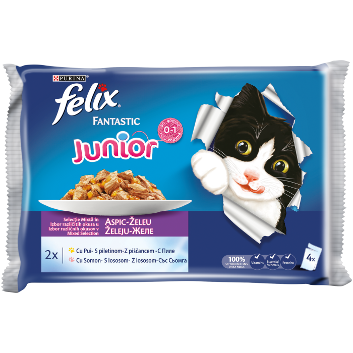 FELIX FANTASTIC Junior Pui in Aspic multipack 4x100g, hrana umeda pentru pisici, 4x100g [1]