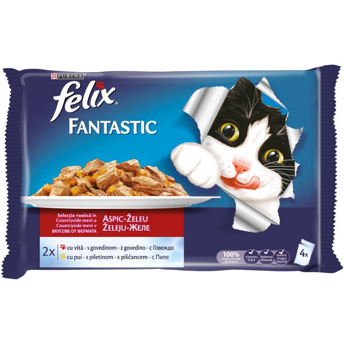 FELIX FANTASTIC Vita si Pui in Aspic multipack 4x100g, hrana umeda pentru pisici, 4x100g [1]
