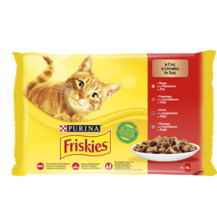 FRISKIES Adult cu Pui/Vita/Miel/Rata in Sos, hrana umeda pentru pisici, 4 x 85 g [1]