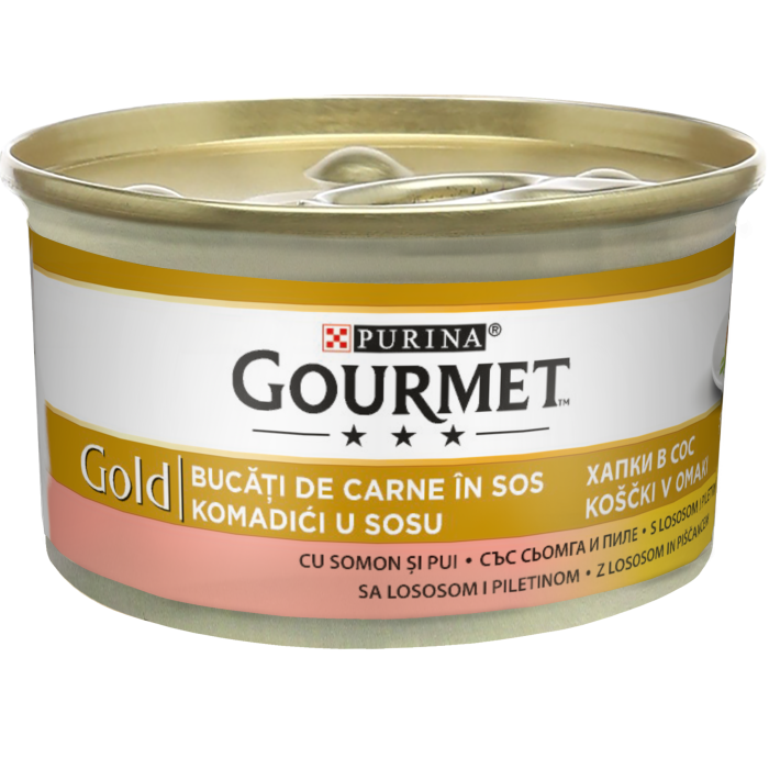 Hrana umeda pentru pisici Purina Gourmet Gold, Pui si somon in sos, 24 x 85g