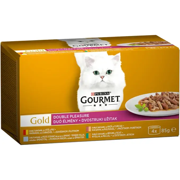 Hrana umeda pentru pisici Purina Gourmet Gold Double Pleasure cu Vita si pui, rata si curcan, peste cu spanac, iepure si ficat in sos, 4 x 85g