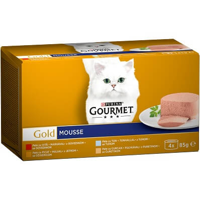 GOURMET GOLD Mousse Vita/Curcan/Ficat/Ton multipack, hrana umeda pentru pisici, 4 x 85 g [1]
