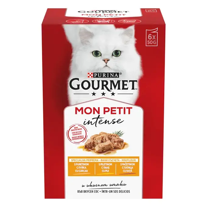 Hrana umeda pentru pisici Purina Gourmet Mon Petit, Pui, rata, curcan in sos, 6 x 50g