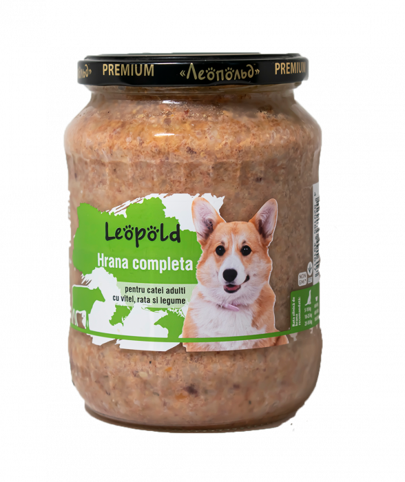 Hrana umeda pentru caini Leopold, Vitel si rata, 6 x 720g