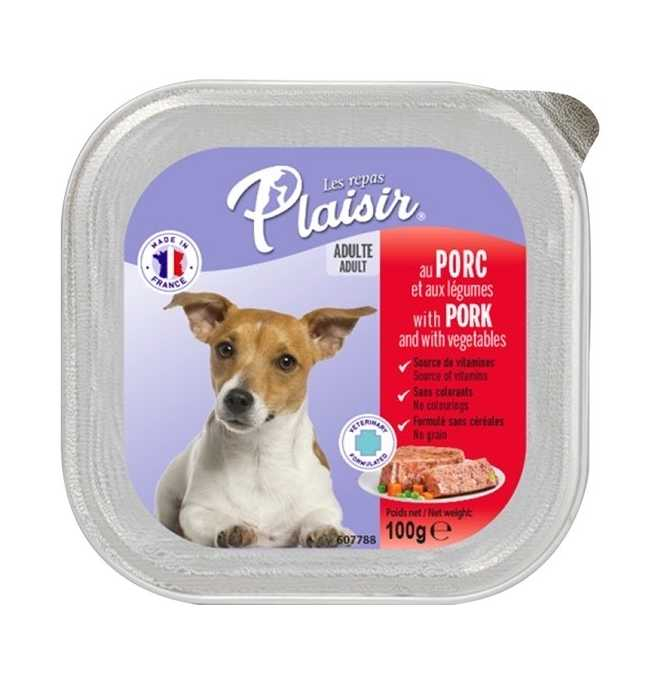 Hrana umeda pentru caini Plaisir, Porc, 100g