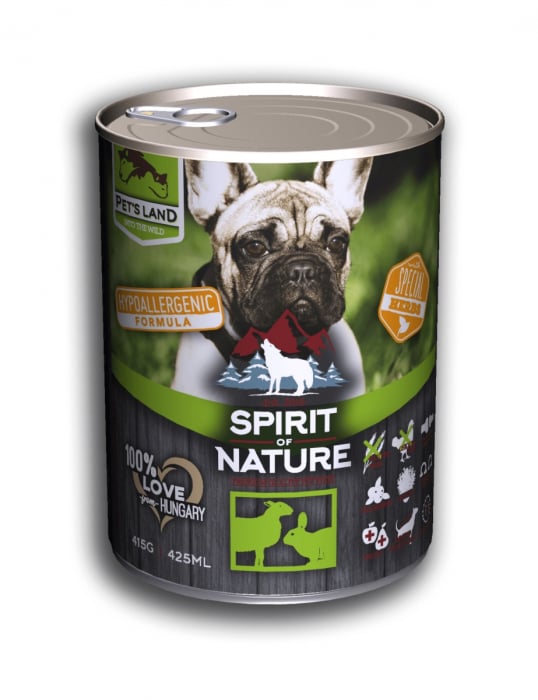 Hrana umeda pentru caini Spirit of Nature, Iepure si miel, Hipoalergenic, 75% carne, 415g