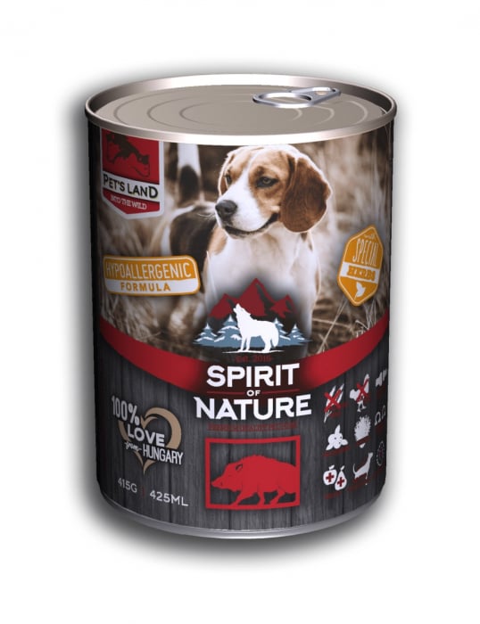 Hrana umeda pentru caini Spirit of Nature, Mistret, Hipoalergenic, 75% carne, 415g