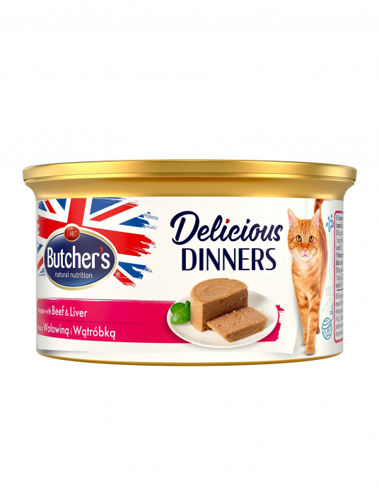 Hrana umeda pentru pisici Butcher s Delicious Dinner, Vita si ficat, 85g