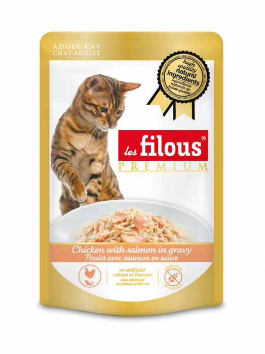 Hrana umeda pentru pisici Les Filous, Pui si somon in sos, 80g