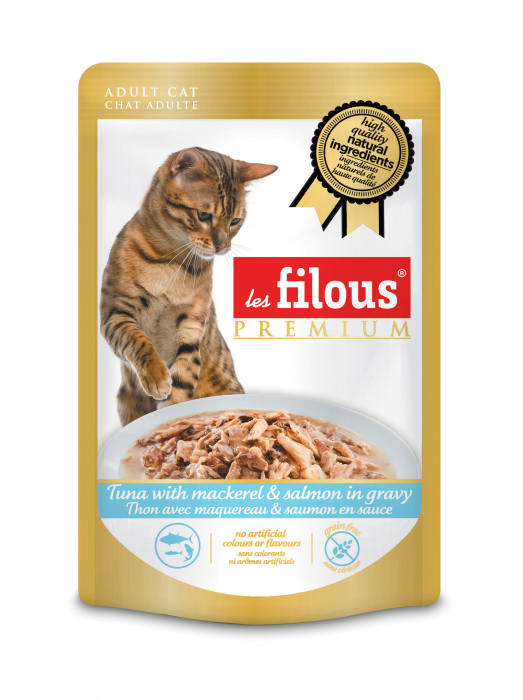 Hrana umeda pentru pisici Les Filous, Ton, macrou si somon in sos, 6 x 80g
