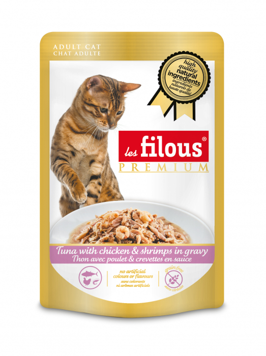 Hrana umeda pentru pisici Les Filous, Ton, pui si creveti, 80g
