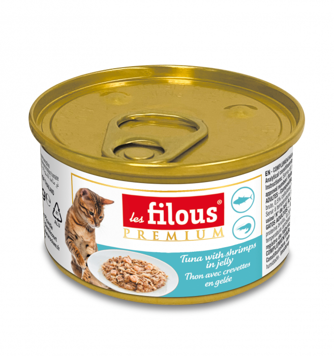 Hrana umeda pentru pisici Les Filous, Ton si creveti in jeleu, 85g