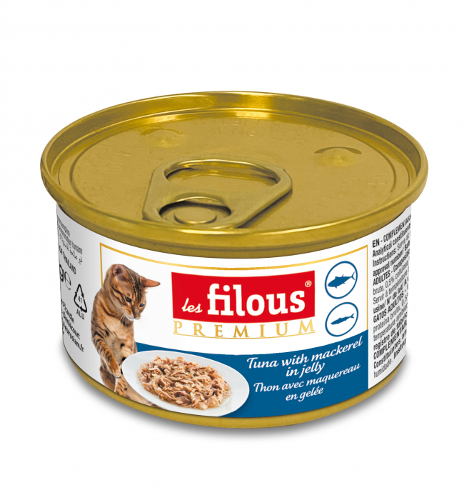 Hrana umeda pentru pisici Les Filous, Ton si macrou in jeleu, 85g